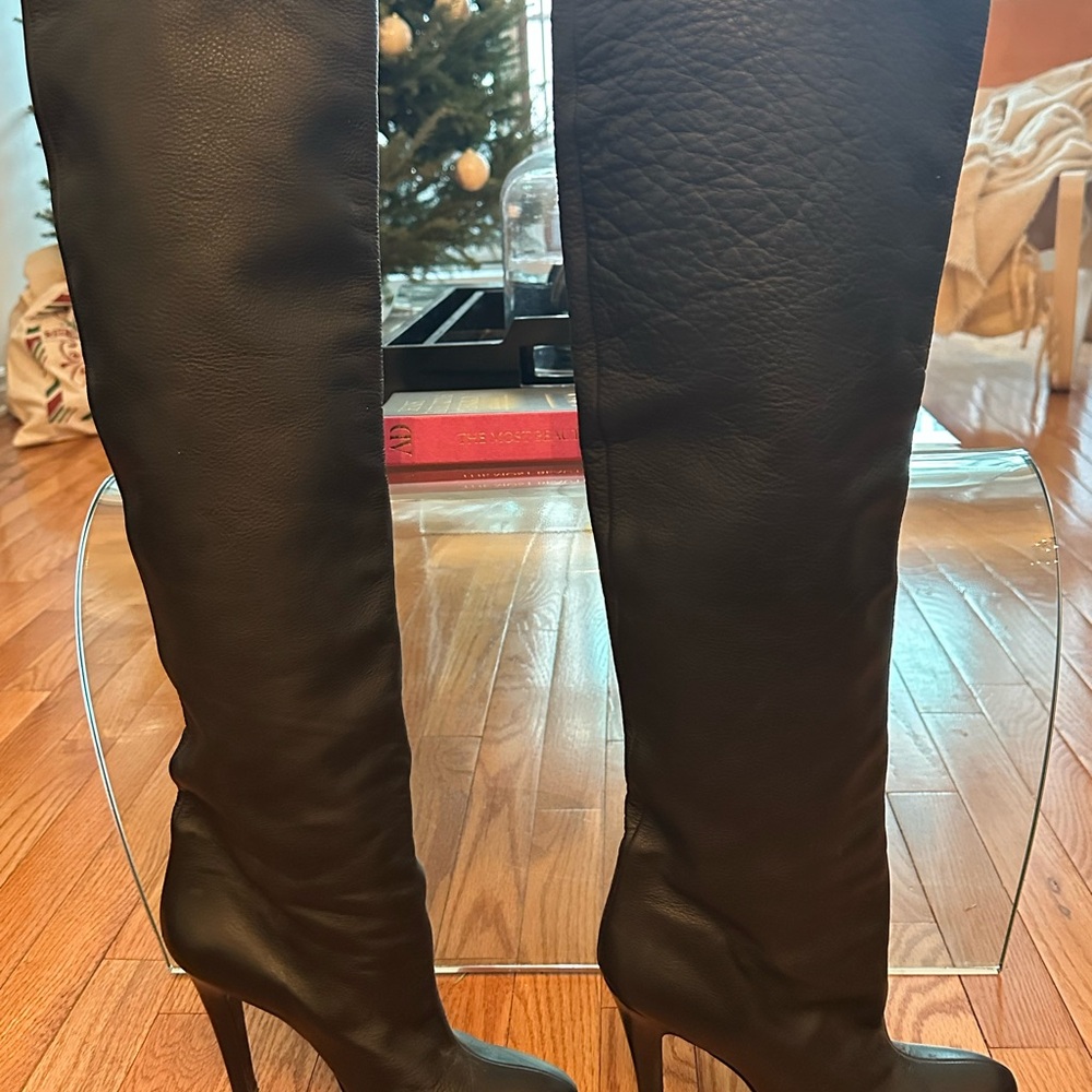 MaxMara Black Leather Over the Knee Heel Boots
